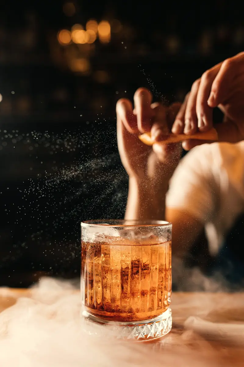 Mãos finalizando um drink com casca de laranja, borrifando os óleos sobre o copo