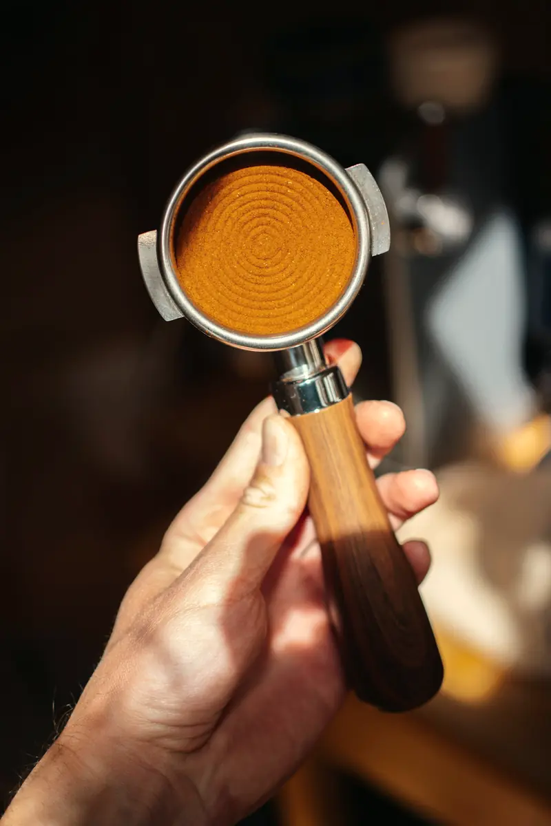 Mão segurando o porta-filtro de uma máquina de espresso com café moído